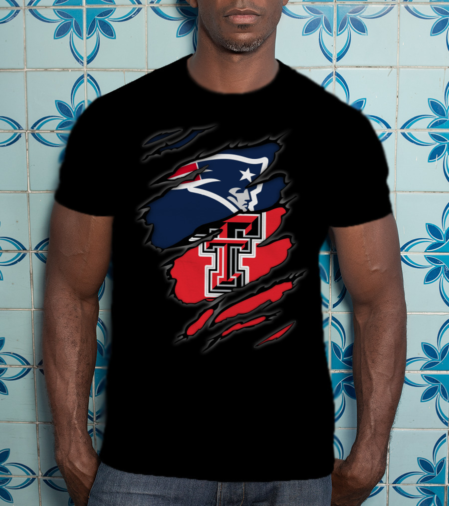 Patriots And Texas Tech Dual Logo Ripped T-Shirt
