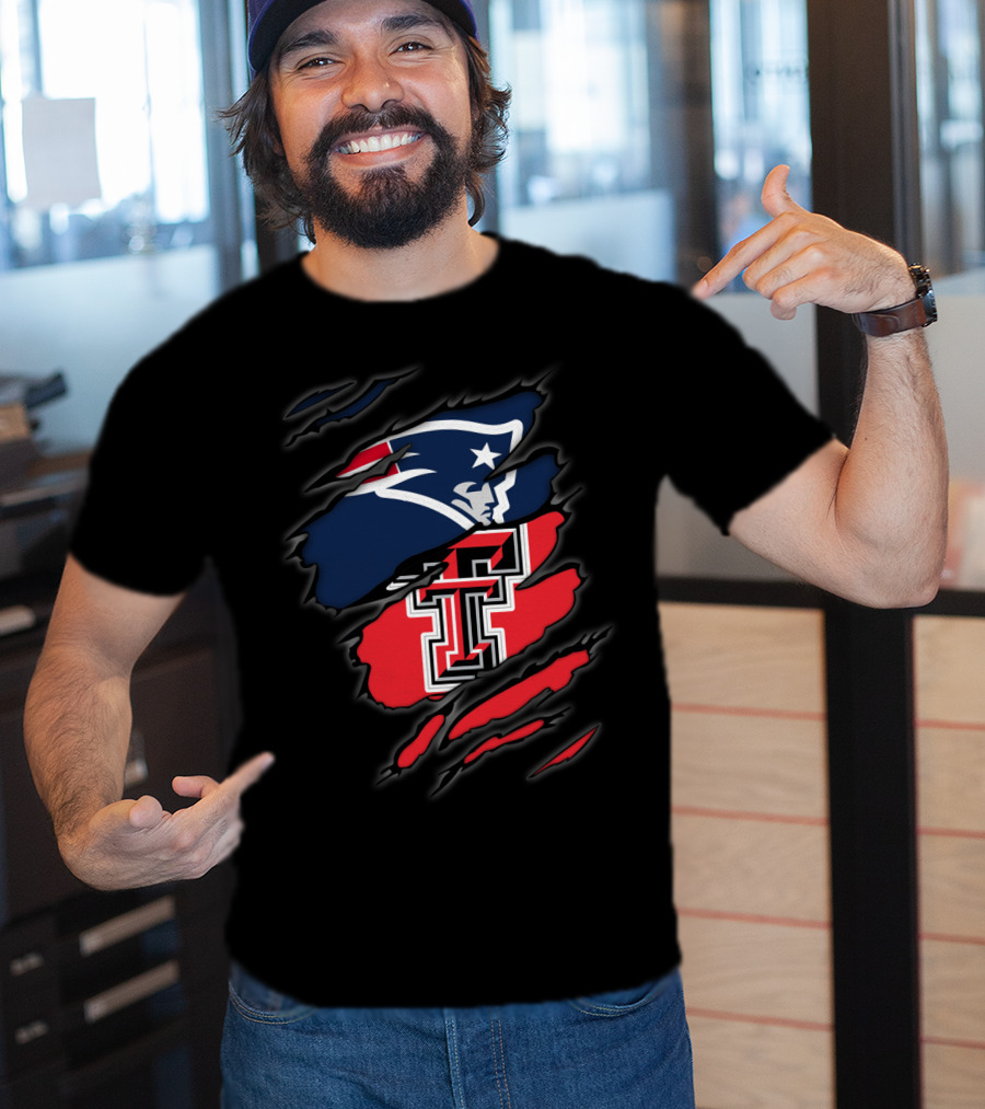 Patriots And Texas Tech Dual Logo Ripped T-Shirt