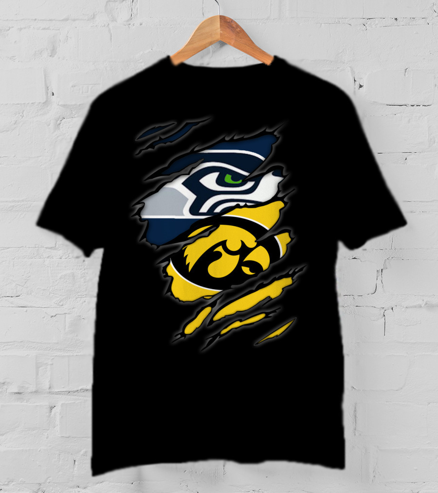 Seahawks And Iowa Hawkeyes Logos In Torn Ripped Style T-Shirt