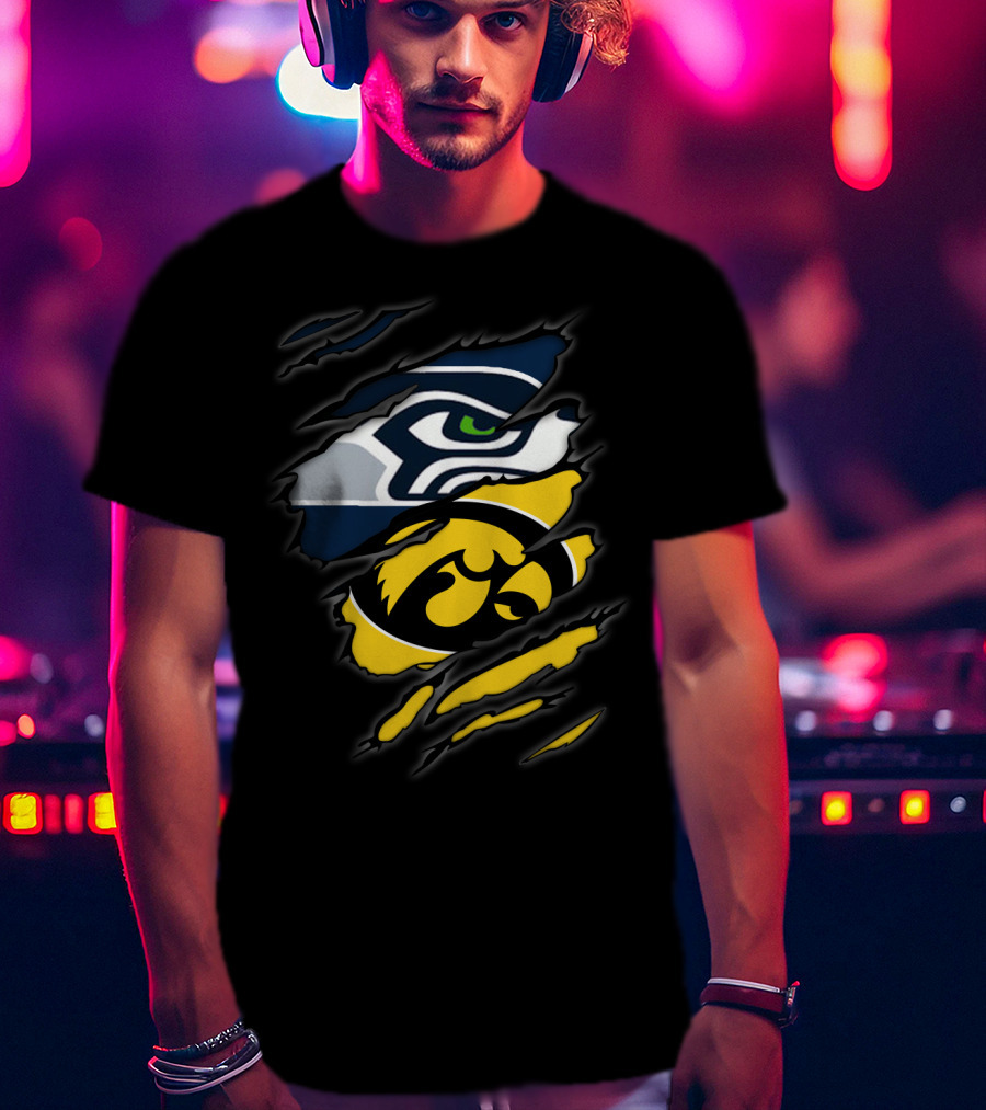 Seahawks And Iowa Hawkeyes Logos In Torn Ripped Style T-Shirt