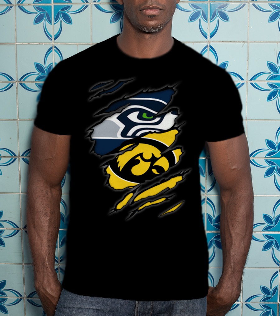 Seahawks And Iowa Hawkeyes Logos In Torn Ripped Style T-Shirt