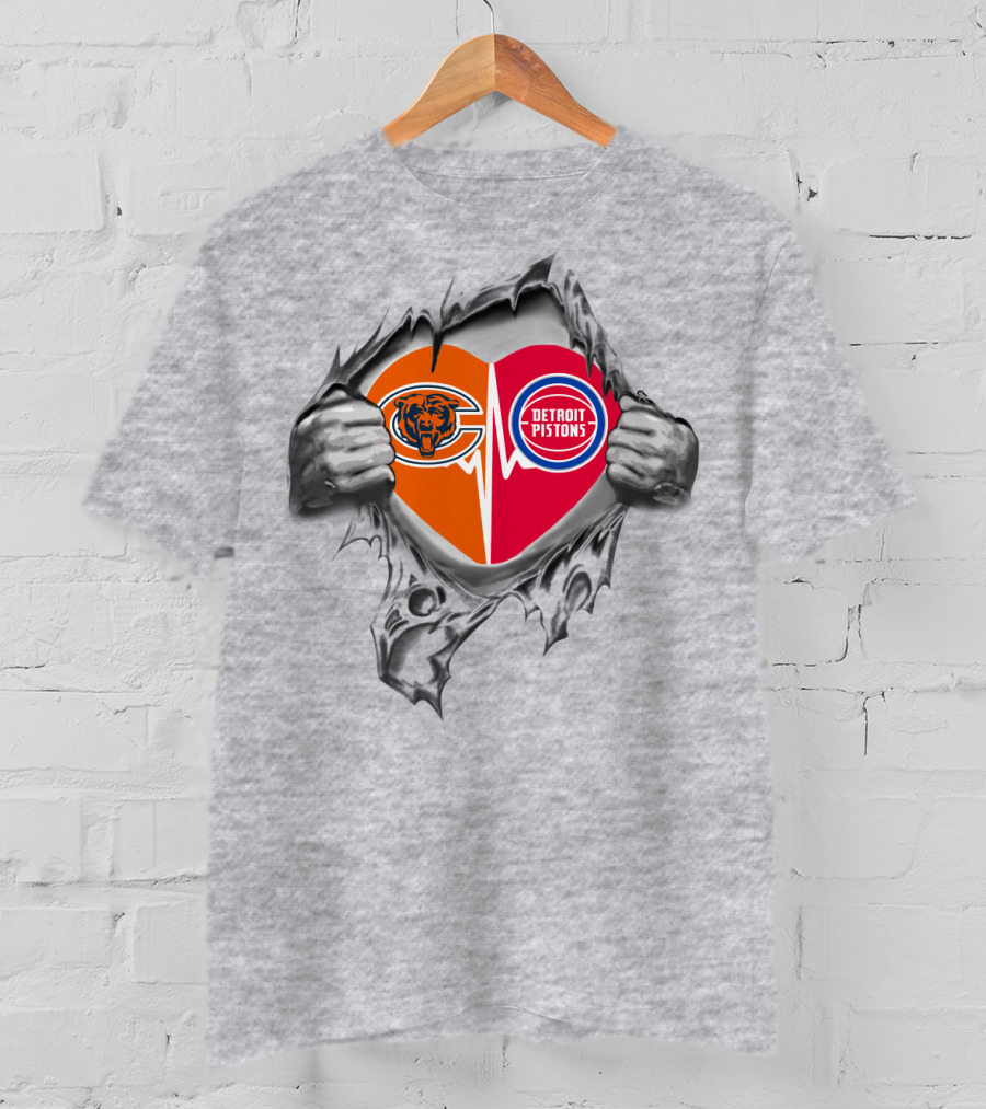 Chicago Bears Detroit Pistons Heart Logo Fusion T-Shirt
