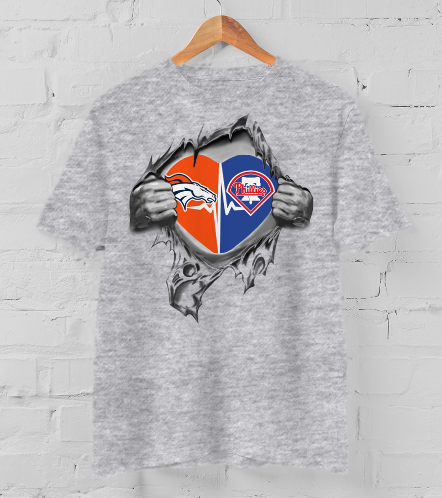 Broncos And Phillies Heart Torn Open By Hands Showing Logos T-Shirt