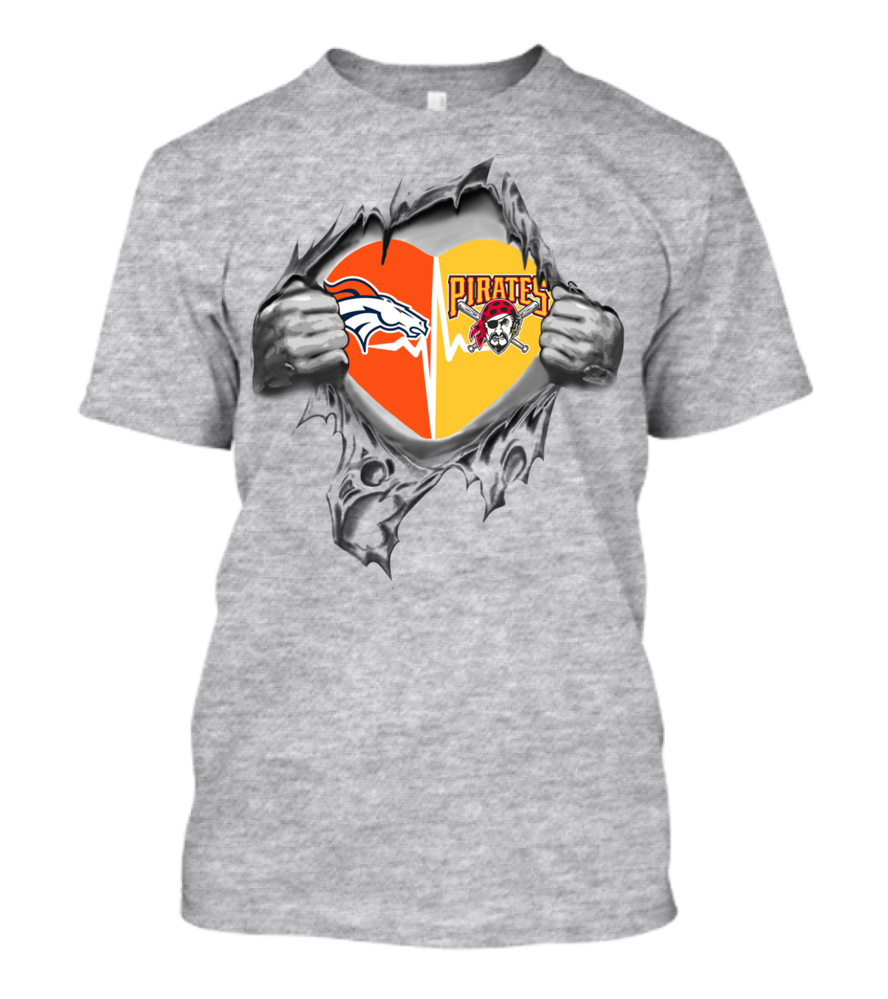 Broncos Pirates Heart Torn Loyalty Sports Fans Dual Team T-Shirt