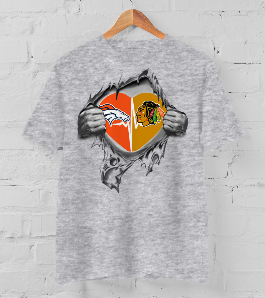 Broncos Blackhawks Heart Logos Torn Metal Effect T-Shirt