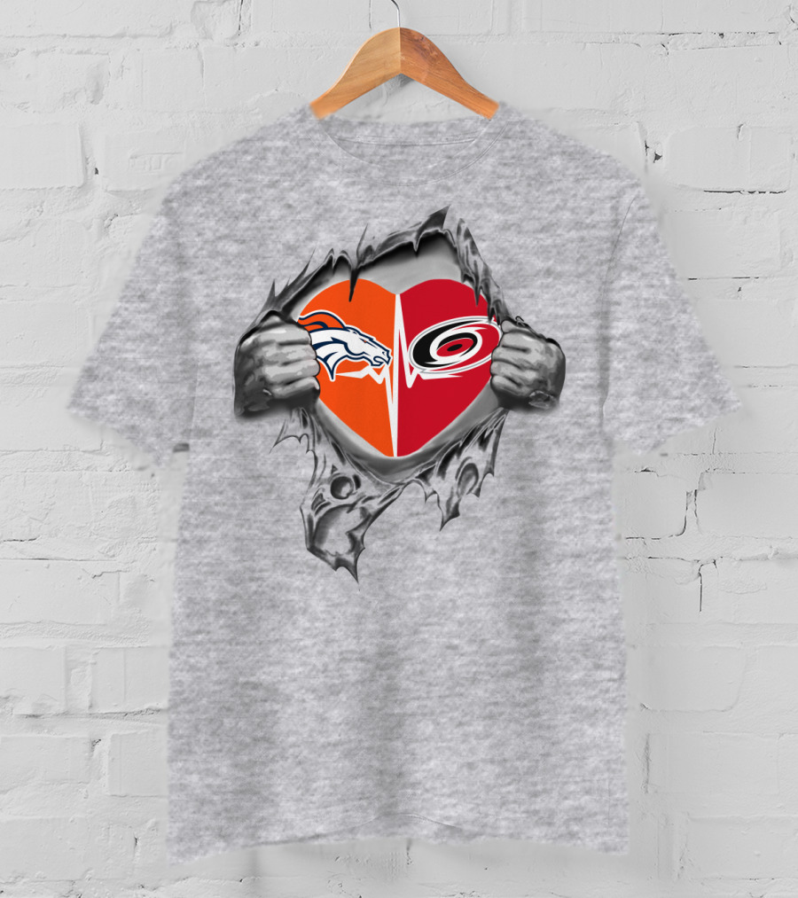 Broncos Hurricanes Heart Rip Through Design With Logos T-Shirt