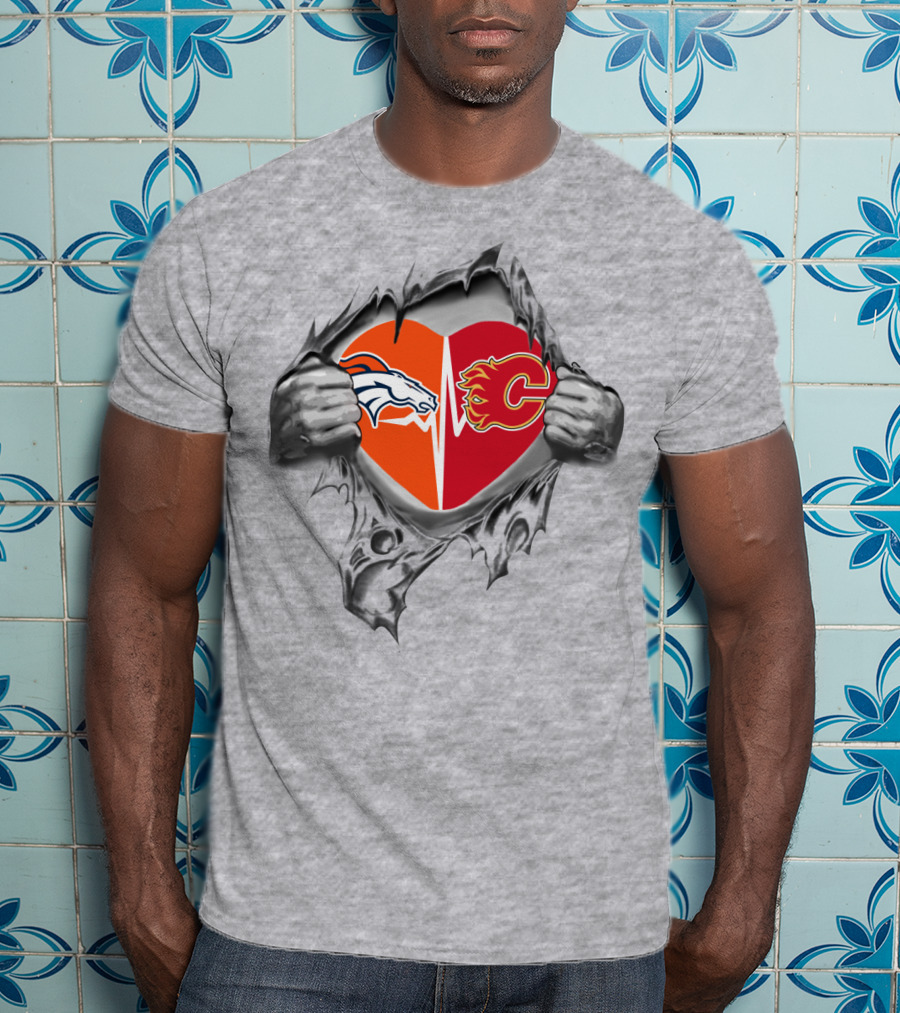 Broncos Calgary Flames Heart Logo Fusion Embrace T-Shirt