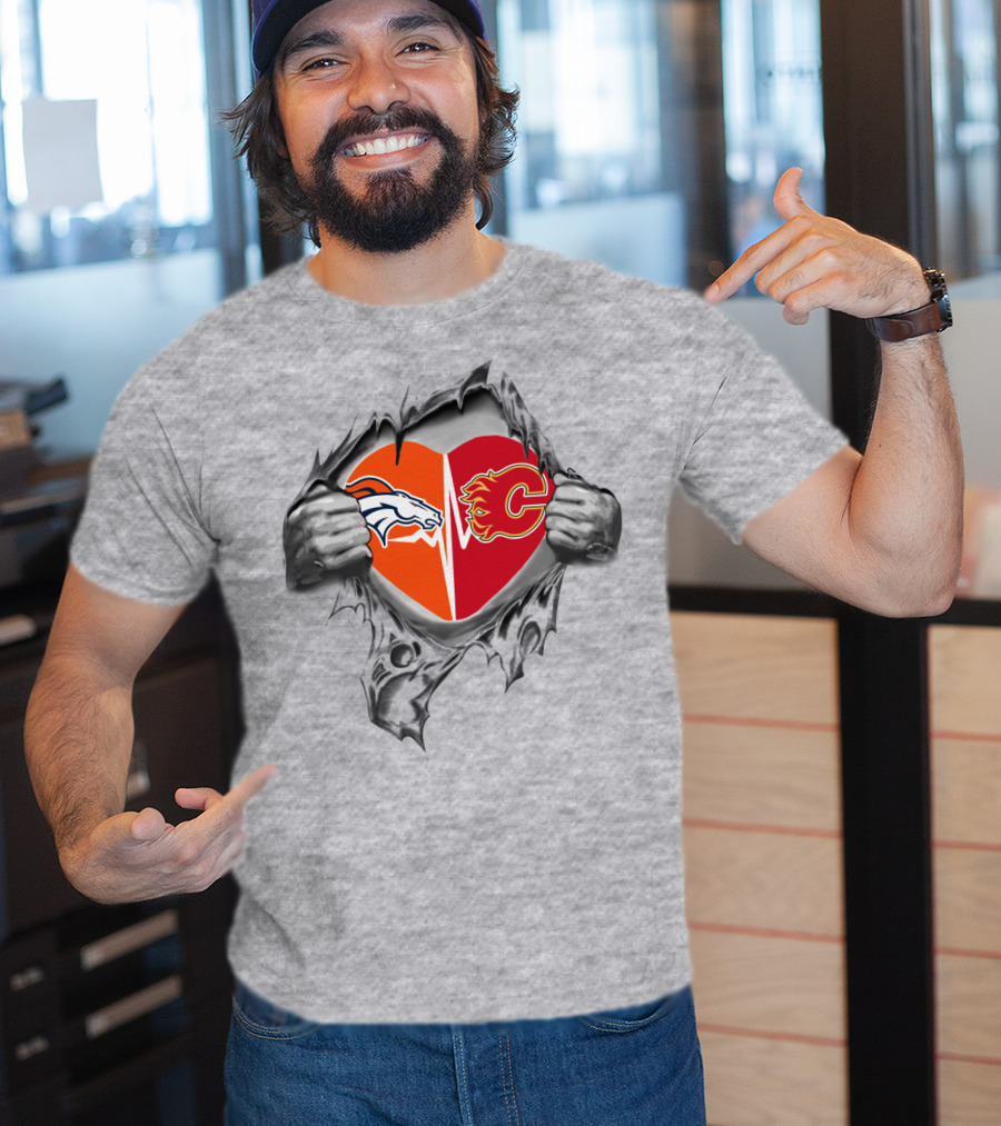 Broncos Calgary Flames Heart Logo Fusion Embrace T-Shirt