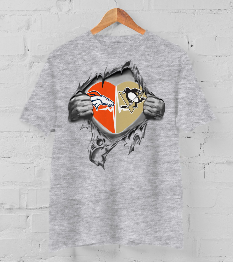 Denver Broncos Pittsburgh Penguins Heart Torn Open T-Shirt