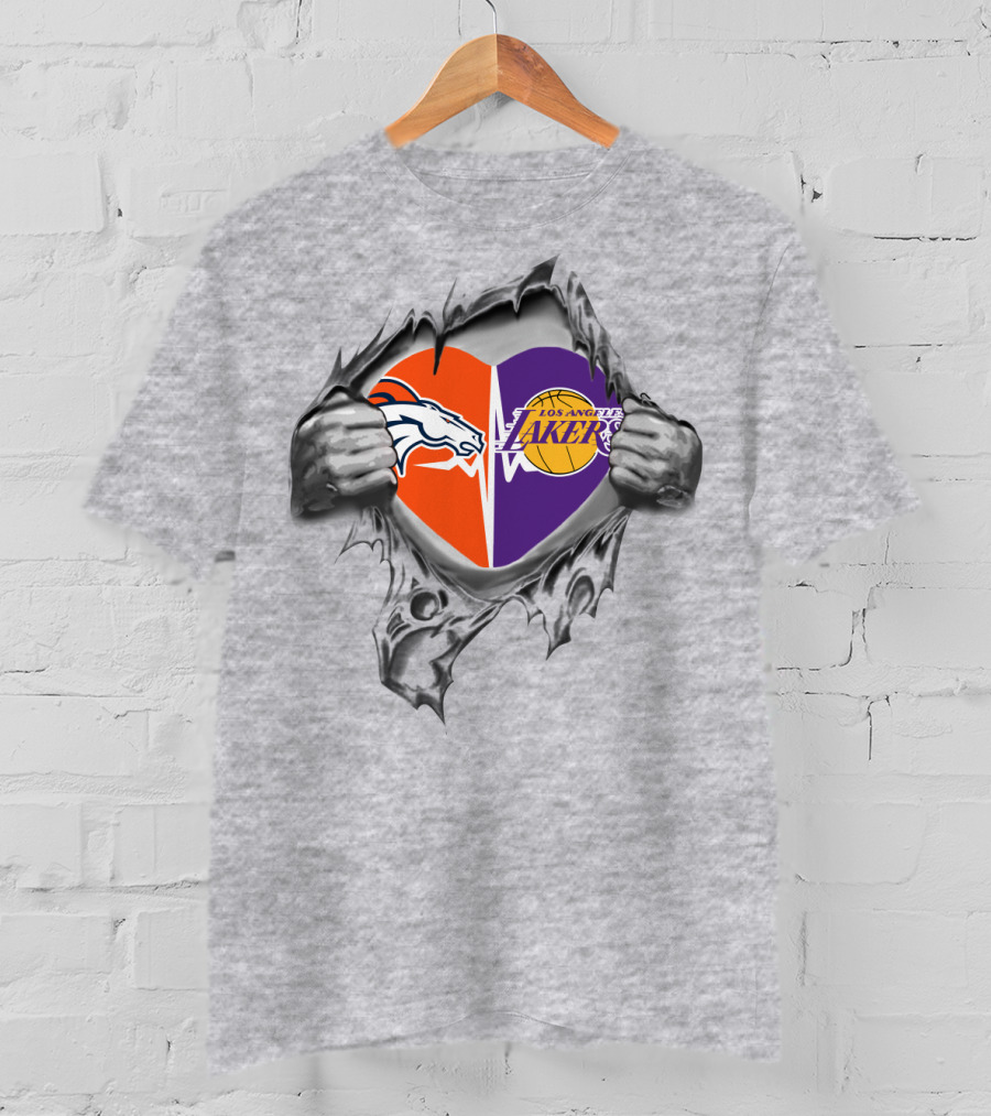 Broncos Lakers Heart With Iconic Logos And Hands Tearing Passionately T-Shirt