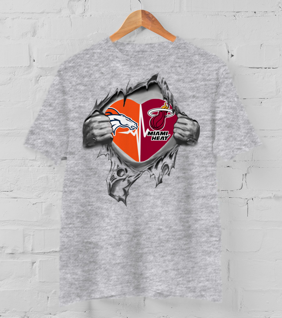 Denver Broncos Miami Heat Heart Logos Unity T-Shirt