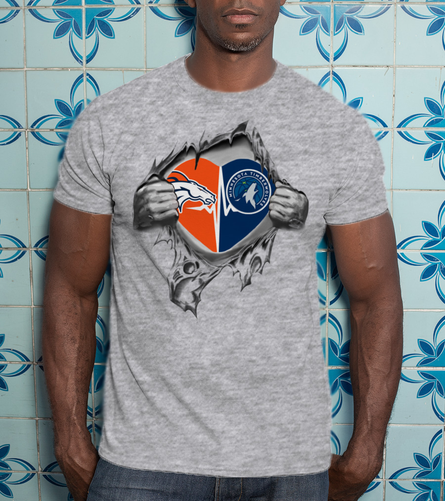 Broncos Minnesota Timberwolves Split Heart Emblem Fusion Rip T-Shirt