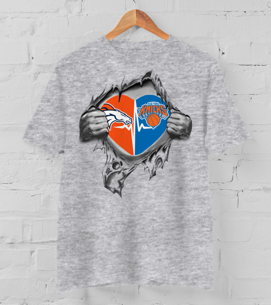 Broncos Knicks Heart Design Featuring Logos And Iconic Ripped Effect T-Shirt