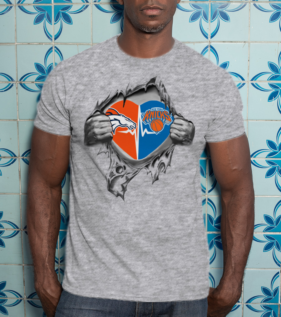 Broncos Knicks Heart Design Featuring Logos And Iconic Ripped Effect T-Shirt