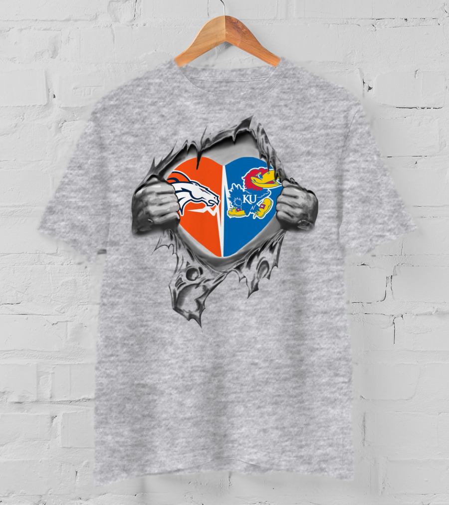 Denver Broncos Kansas Jayhawks Heart Logo Split Fan T-Shirt