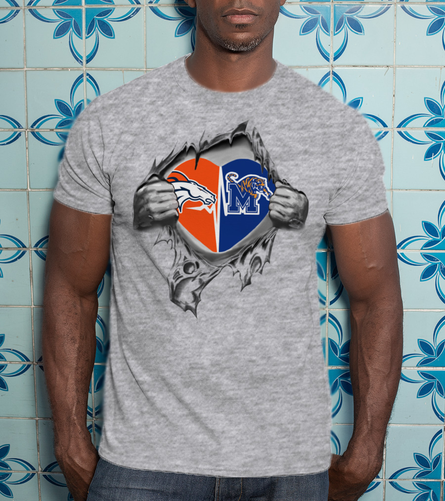 Broncos Memphis Tigers Heart Logo With Ripped Effect T-Shirt