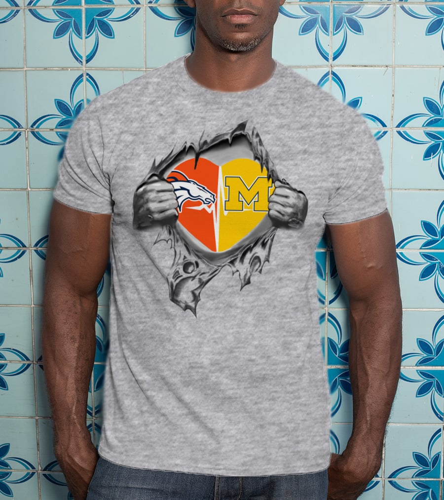 Broncos Michigan Heart Logo Tearing Dual Team Pride T-Shirt
