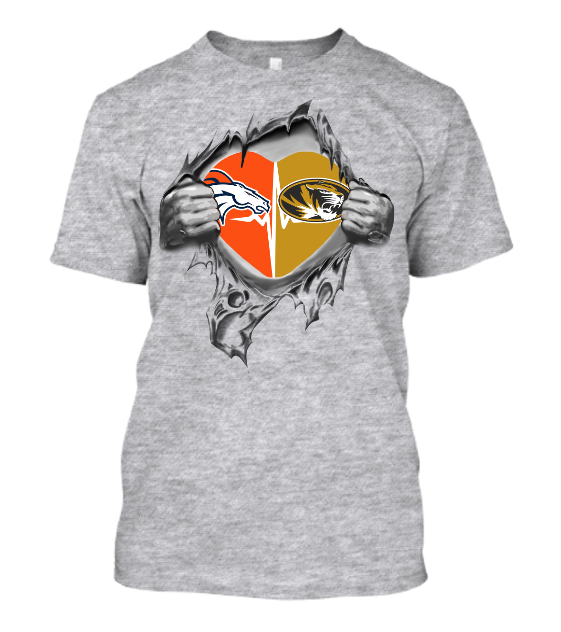 Broncos Missouri Tigers Heart Logos In Torn Hands T-Shirt