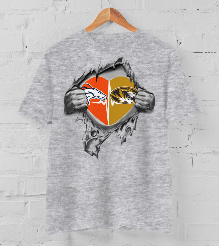 Broncos Missouri Tigers Heart Logos In Torn Hands T-Shirt