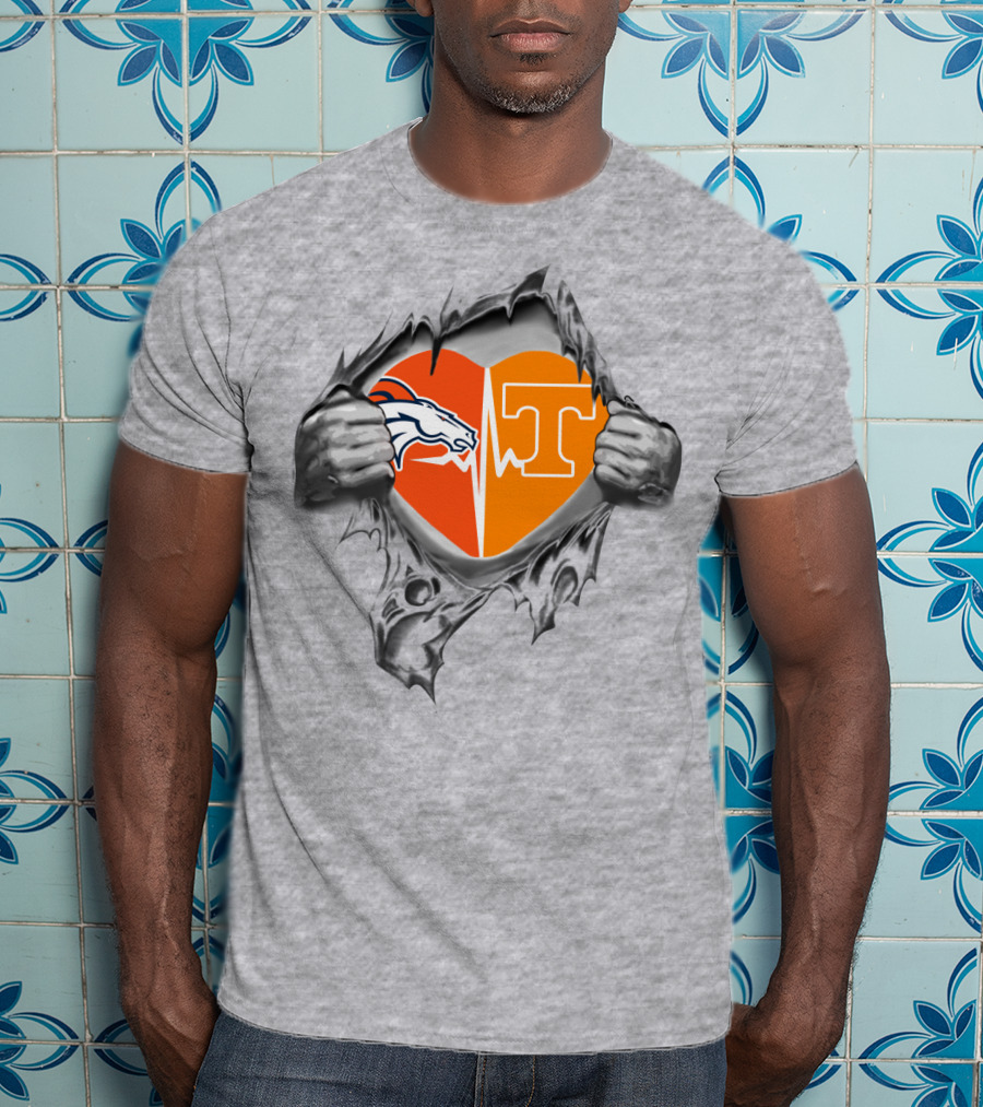 Broncos Horse Tennessee T Heart Logo Split With Hands And Rip Effect T-Shirt