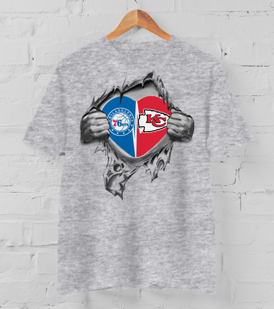 Philadelphia 76ers And Kansas City Chiefs Heart Logo Combination T-Shirt