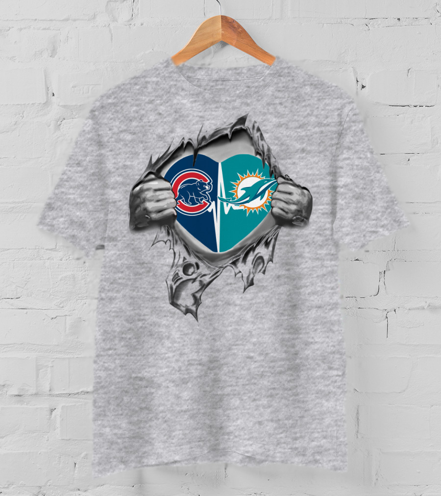 Cubs Dolphins Heartbeat Torn Chest Logo Combination T-Shirt