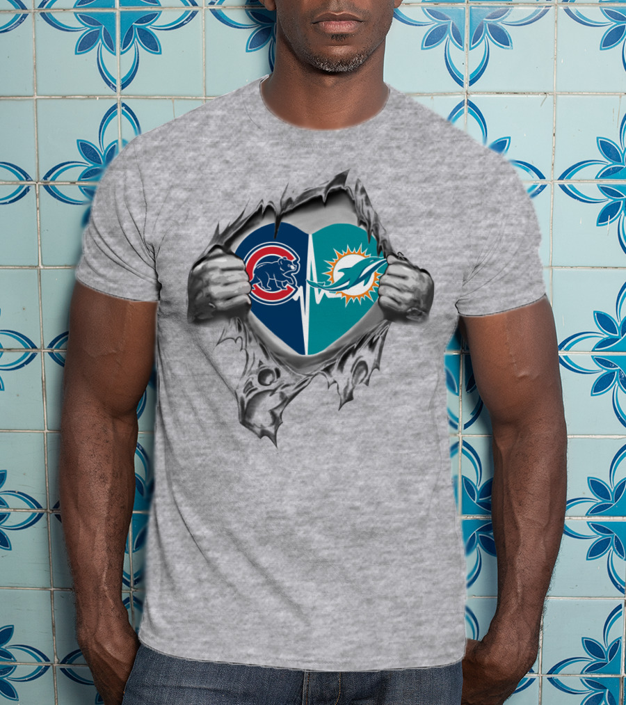 Cubs Dolphins Heartbeat Torn Chest Logo Combination T-Shirt