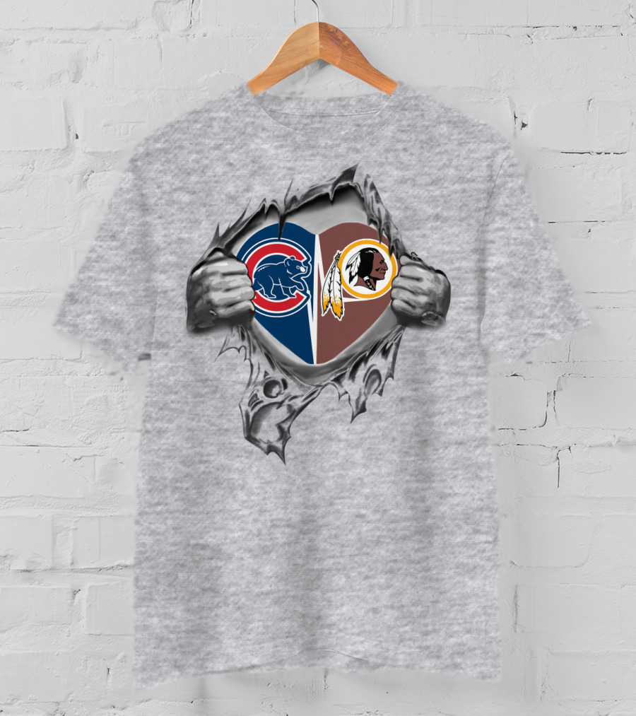 Cubs Redskins Heart With Chicago Bears Elephant And Washington Football Team Native American Logos T-Shirt