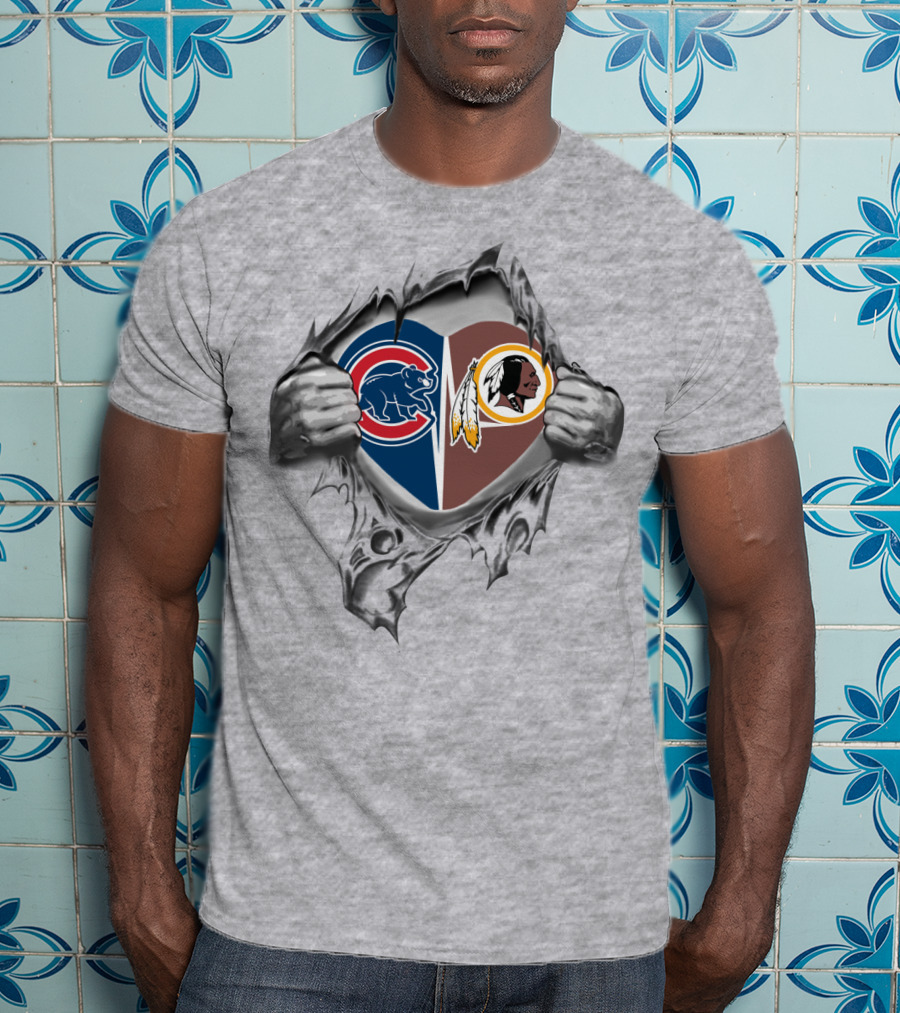 Cubs Redskins Heart With Chicago Bears Elephant And Washington Football Team Native American Logos T-Shirt