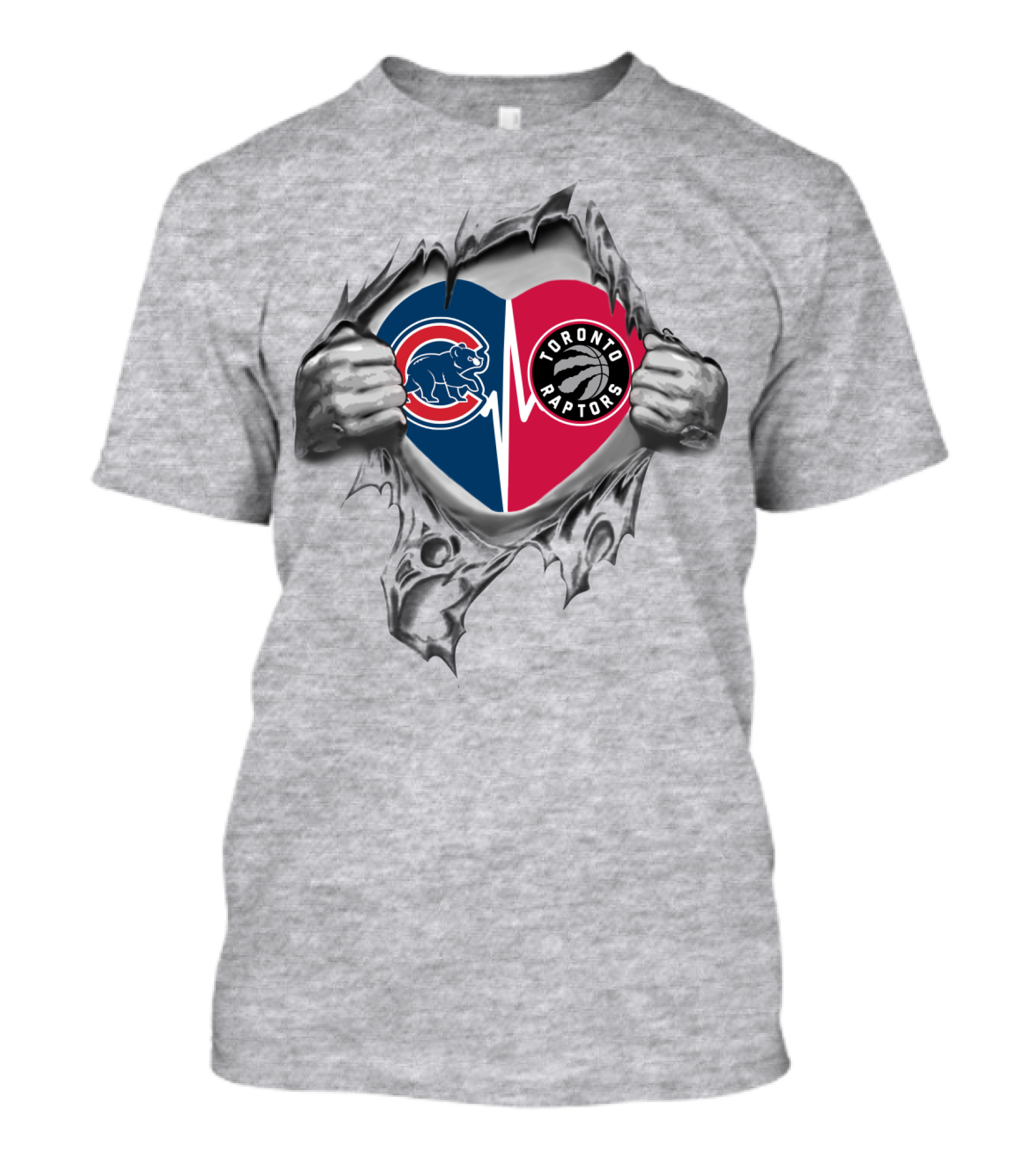 Cubs Raptors Heart Iconic Logos On Torn Background T-Shirt