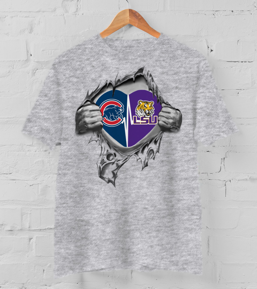 Cubs LSU Tigers Heart Design With Torn Background T-Shirt