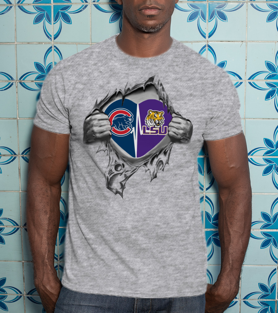Cubs LSU Tigers Heart Design With Torn Background T-Shirt