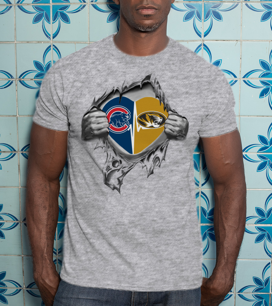 Cubs Missouri Tigers Heart Emblem With Tearing Hands T-Shirt
