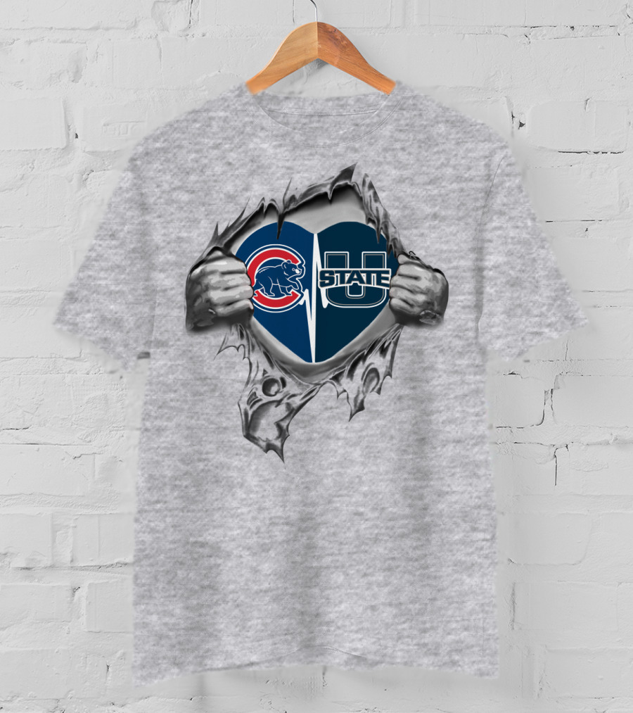 Cubs Utah State Heart Logo Split Torn Effect T-Shirt