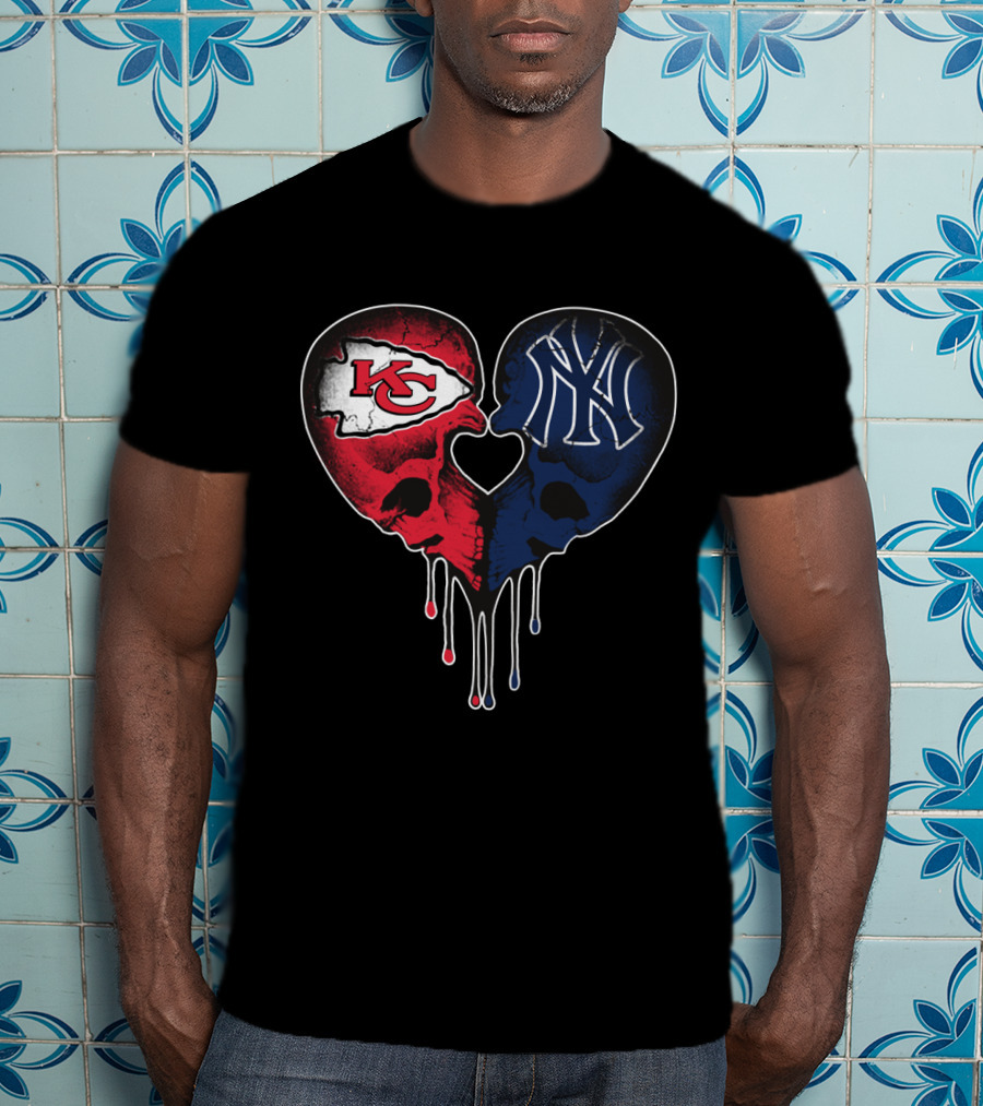 Chiefs Yankees Dripping Skull Heart Love T-Shirt