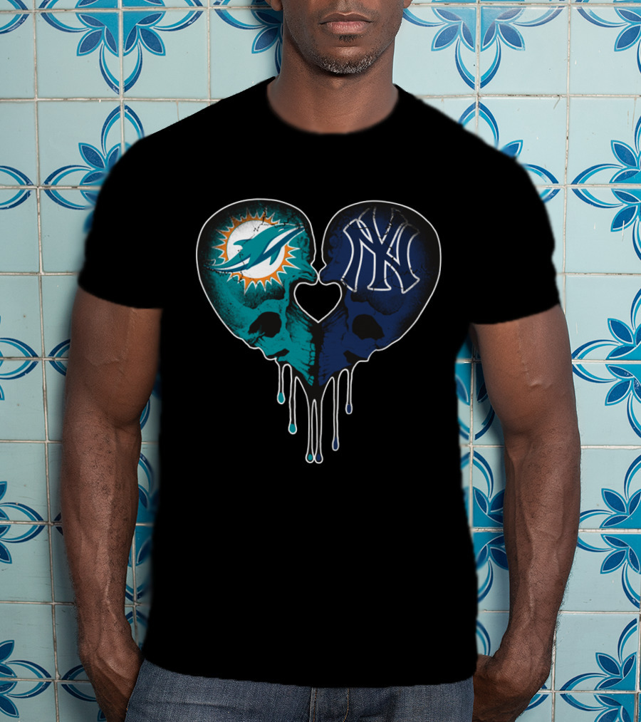 Dolphins Yankees Skull Heart Love T-Shirt