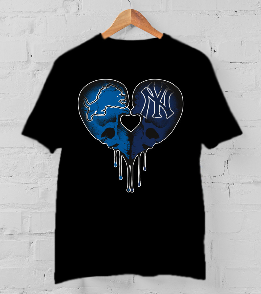 Detroit Lions New York Yankees Skull Heart Fusion T-Shirt