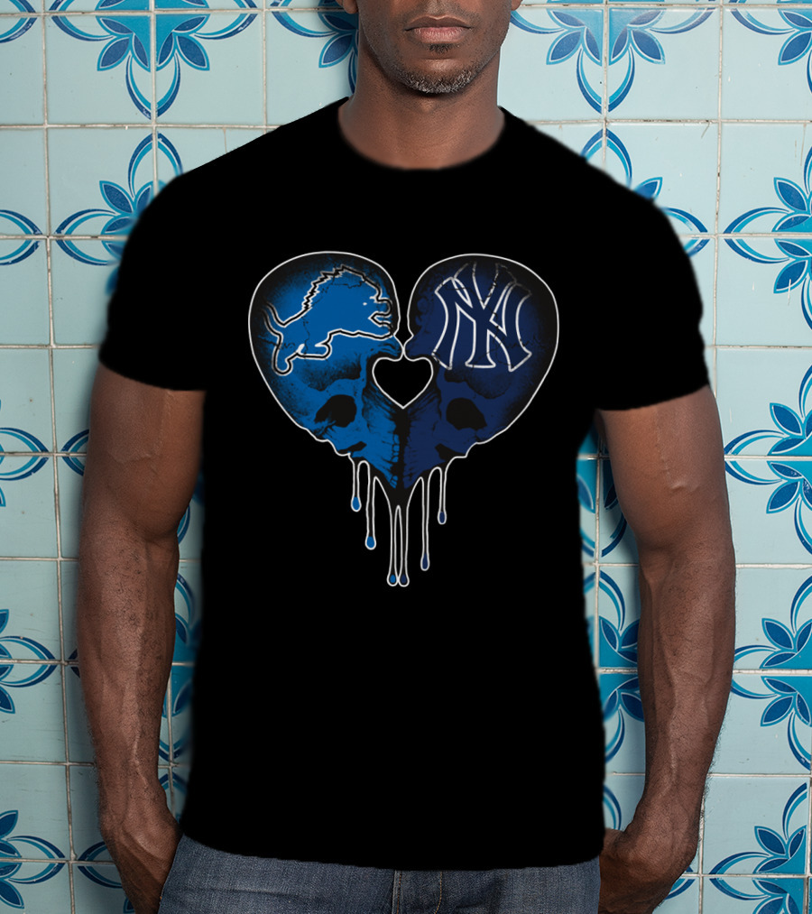 Detroit Lions New York Yankees Skull Heart Fusion T-Shirt