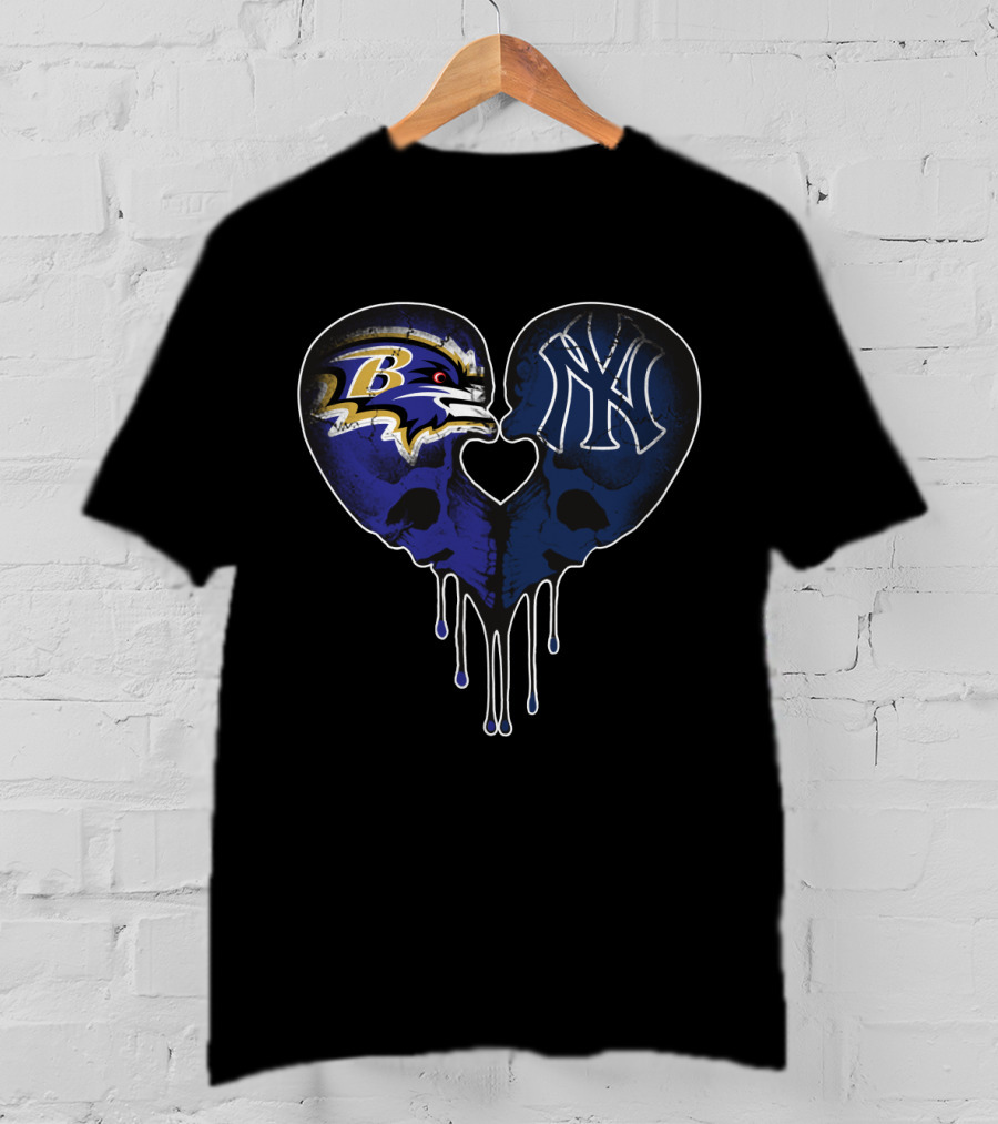 Ravens Yankees Skull Love Heart Dripping T-Shirt