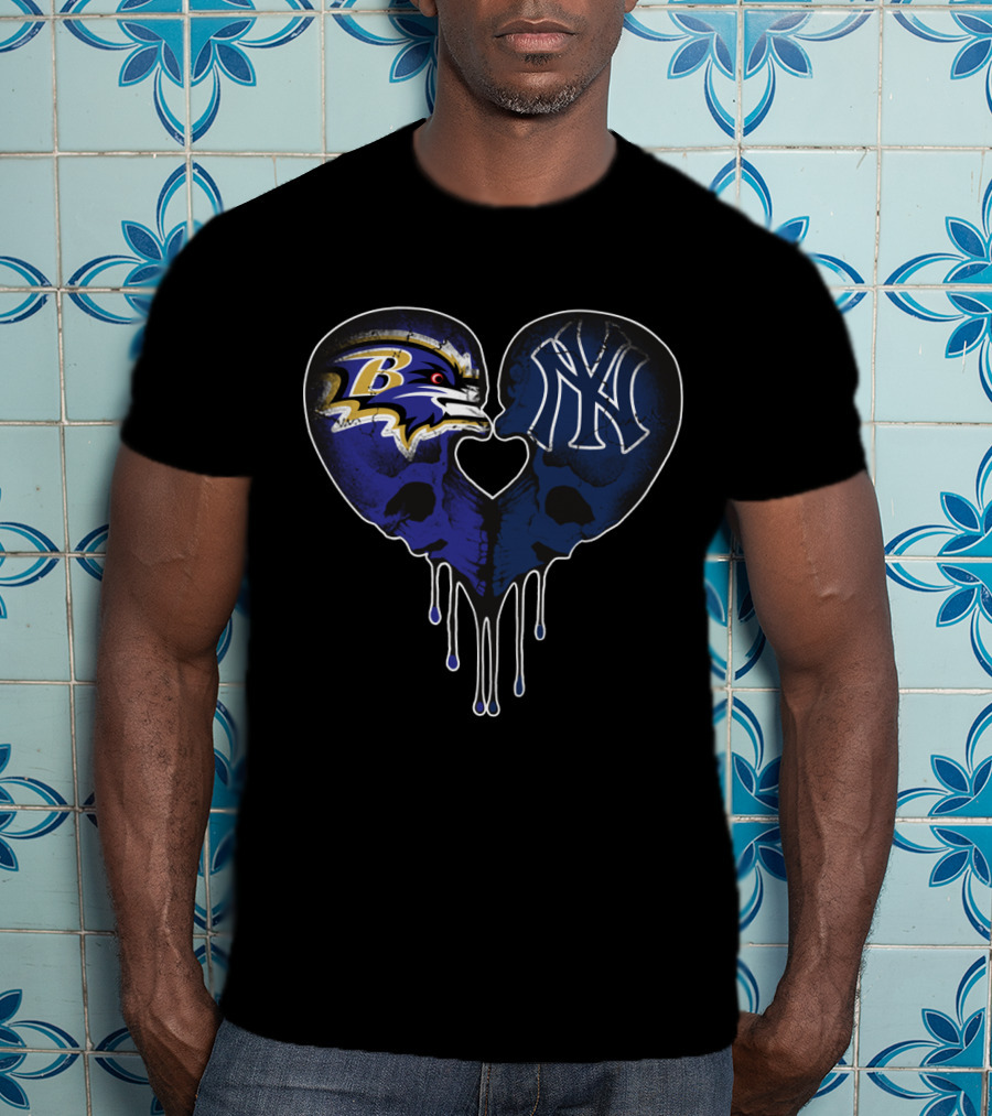 Ravens Yankees Skull Love Heart Dripping T-Shirt