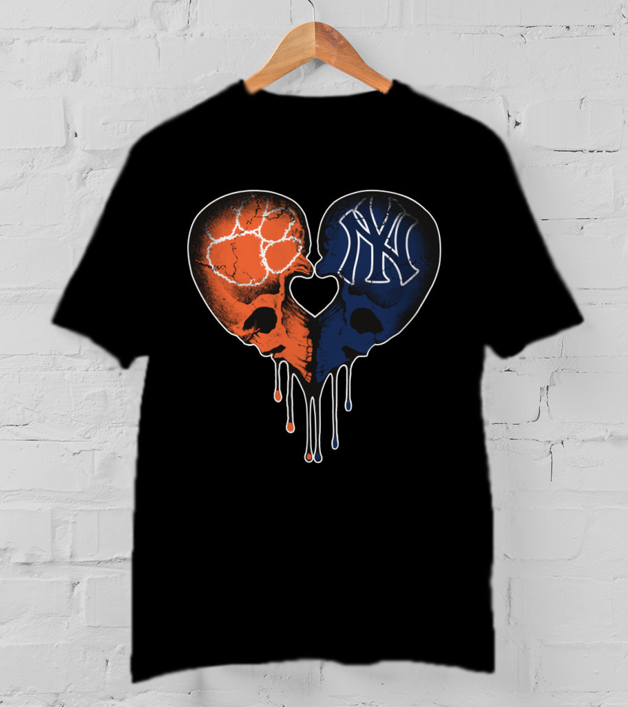 Clemson Tigers Skull And Yankees Skull Heart Love T-Shirt