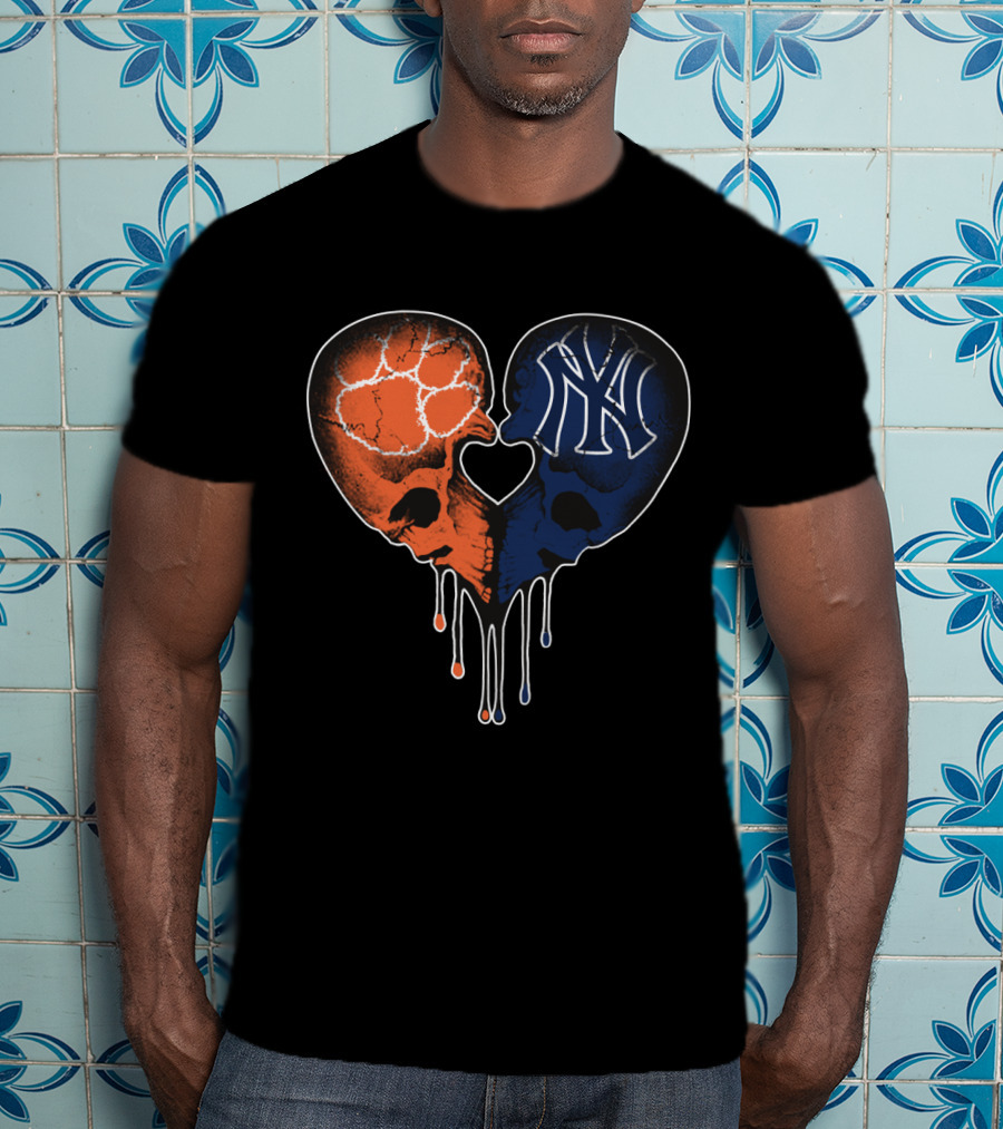Clemson Tigers Skull And Yankees Skull Heart Love T-Shirt