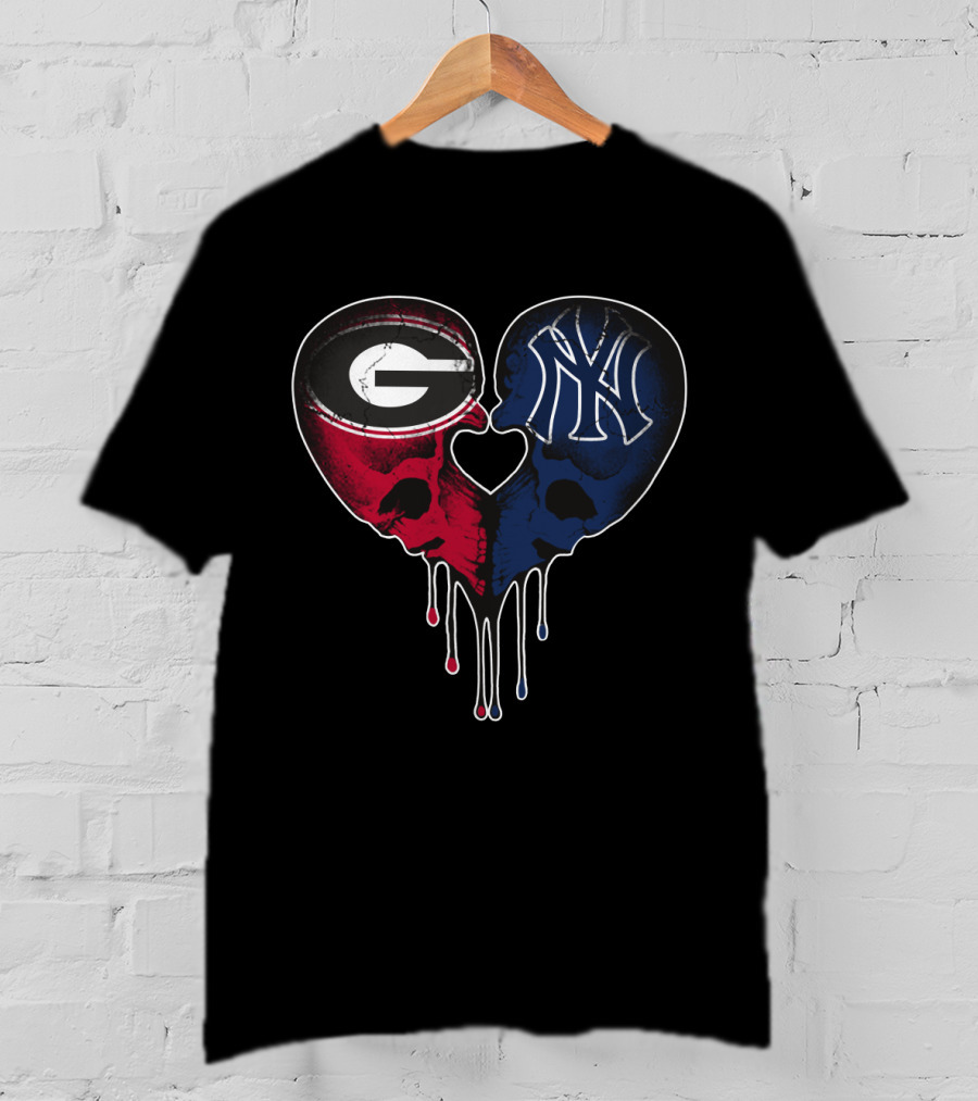 Georgia Bulldogs Yankees Dripping Skull Heart T-Shirt