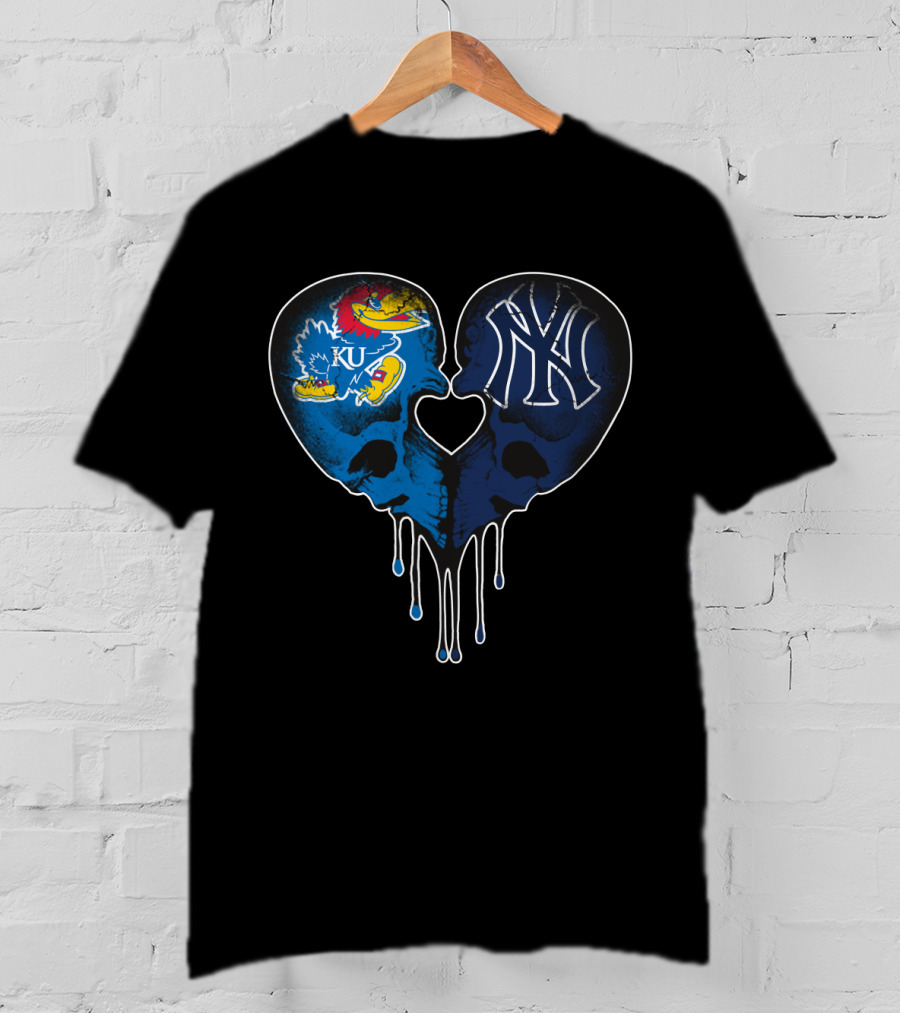 Kansas Jayhawks Yankees Dripping Skull Heart Love T-Shirt