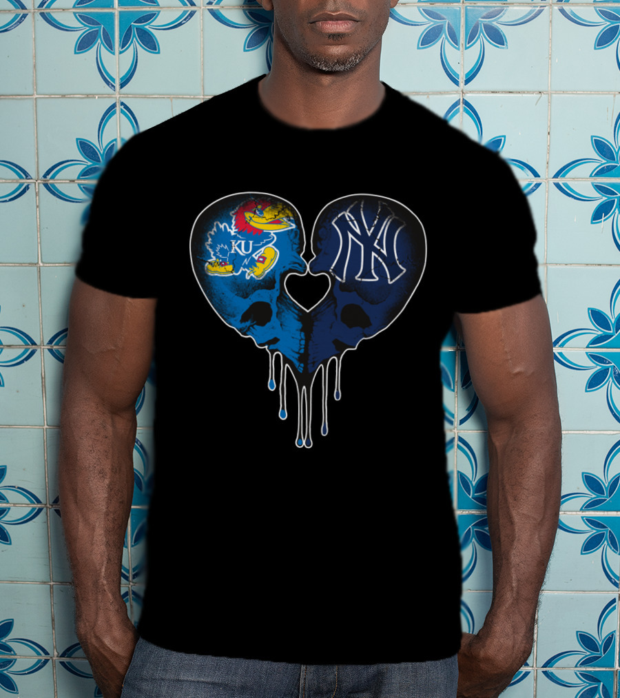 Kansas Jayhawks Yankees Dripping Skull Heart Love T-Shirt