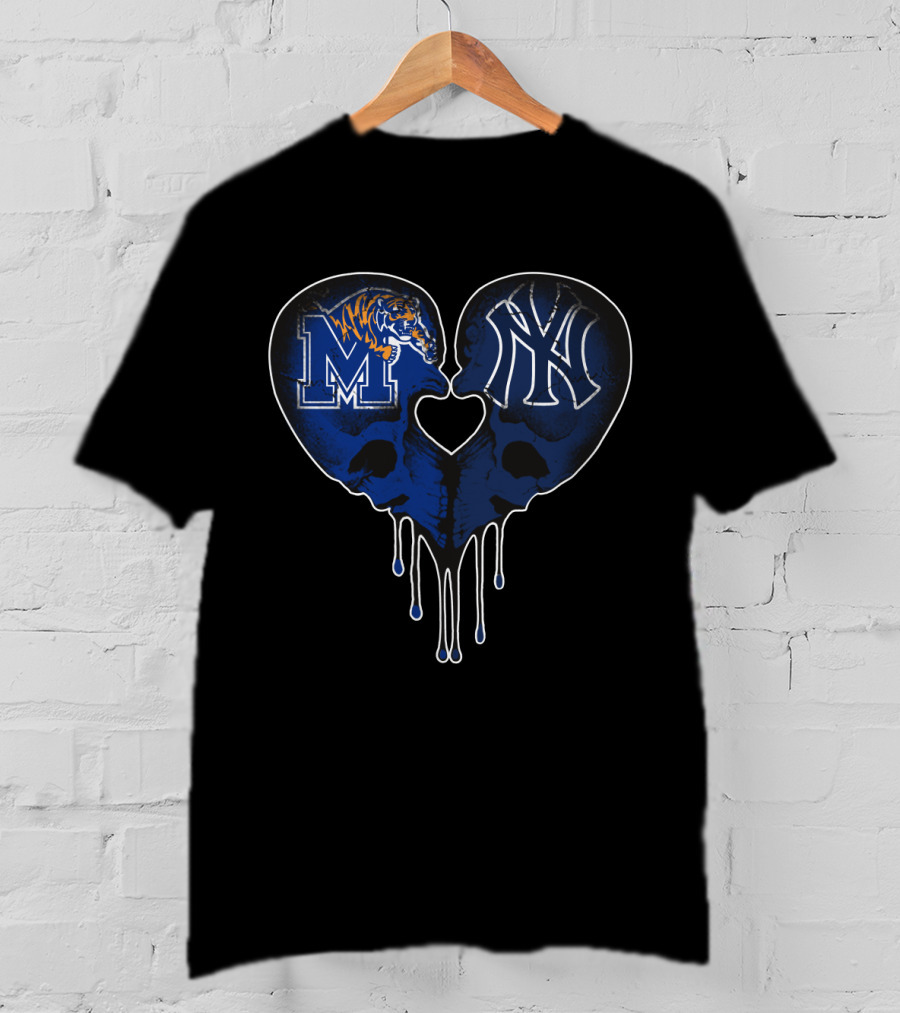 Yankees Memphis Tigers Skull Heart Drip T-Shirt