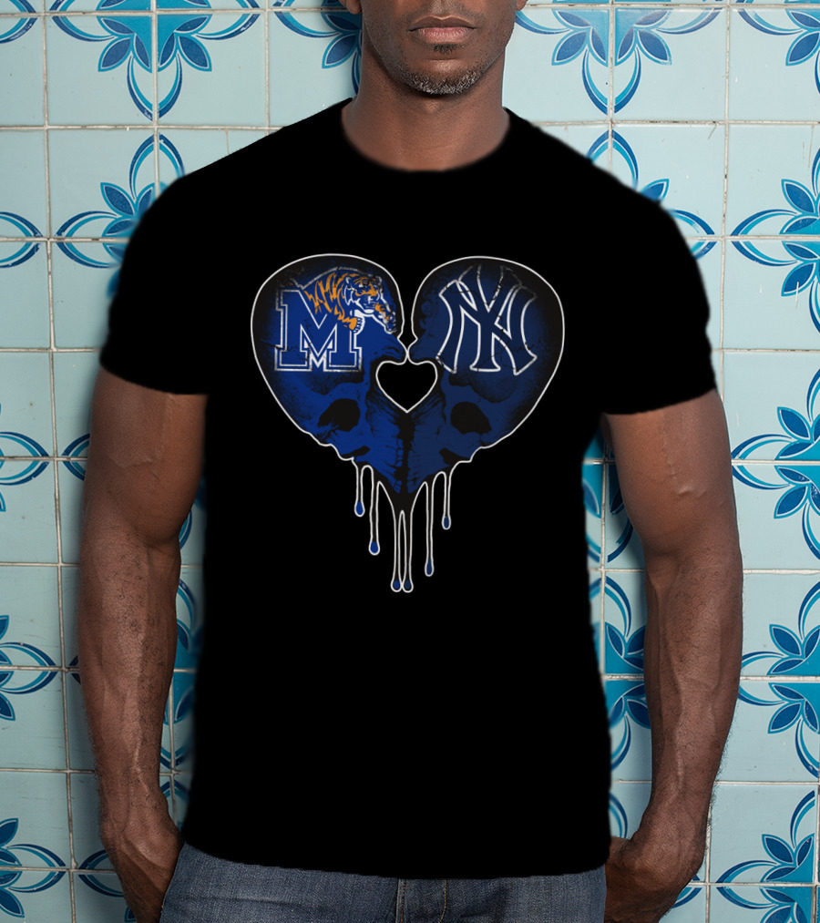 Yankees Memphis Tigers Skull Heart Drip T-Shirt