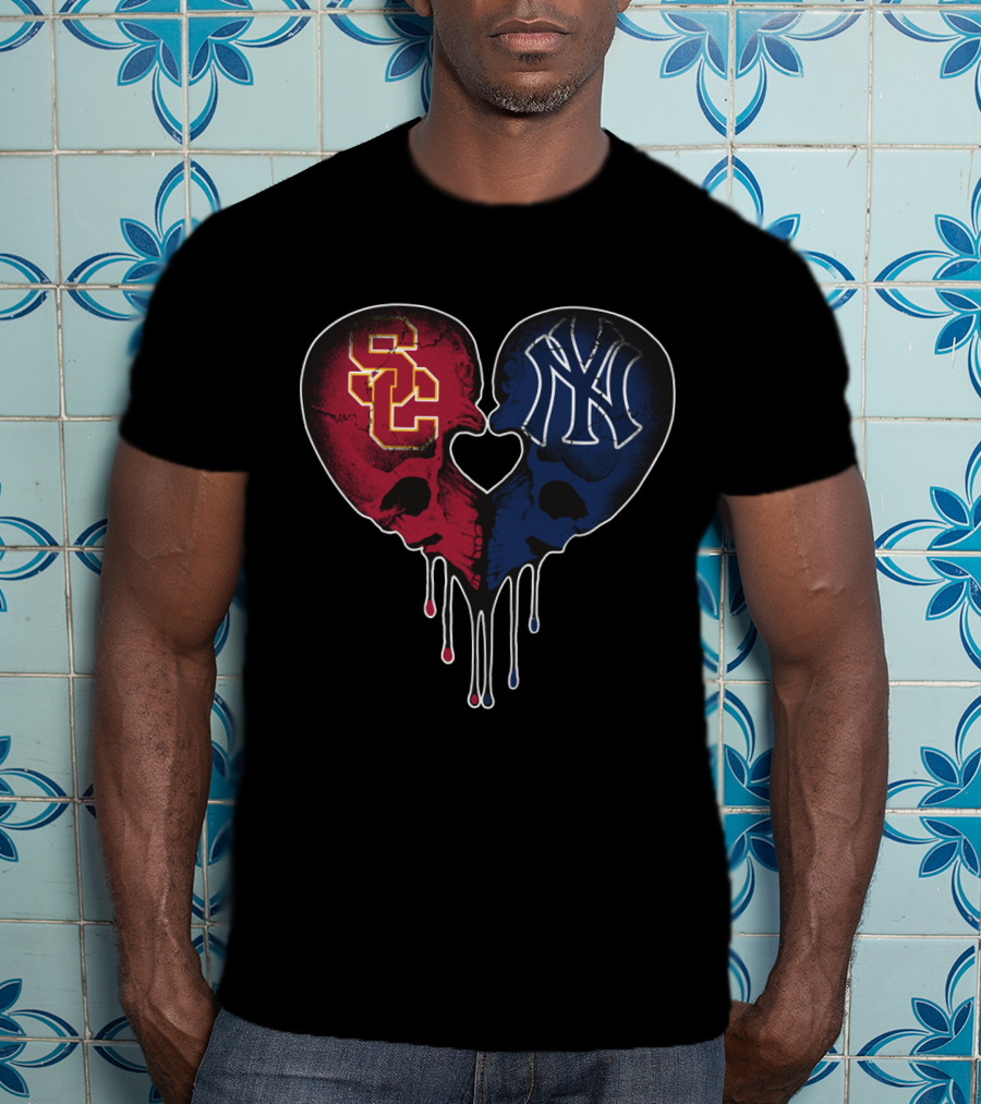 USC Trojans Yankees Skull Heart Drip T-Shirt