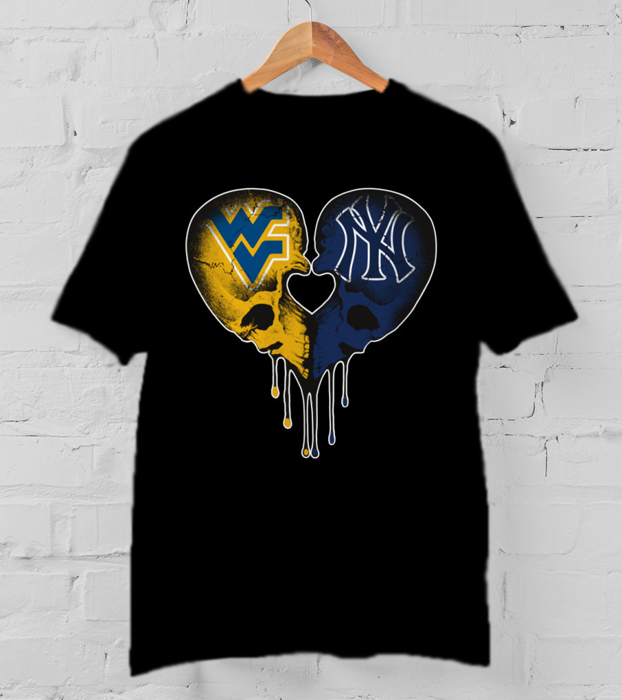 West Virginia Yankees Skull Heart WVU NY Logo Fusion Love T-Shirt