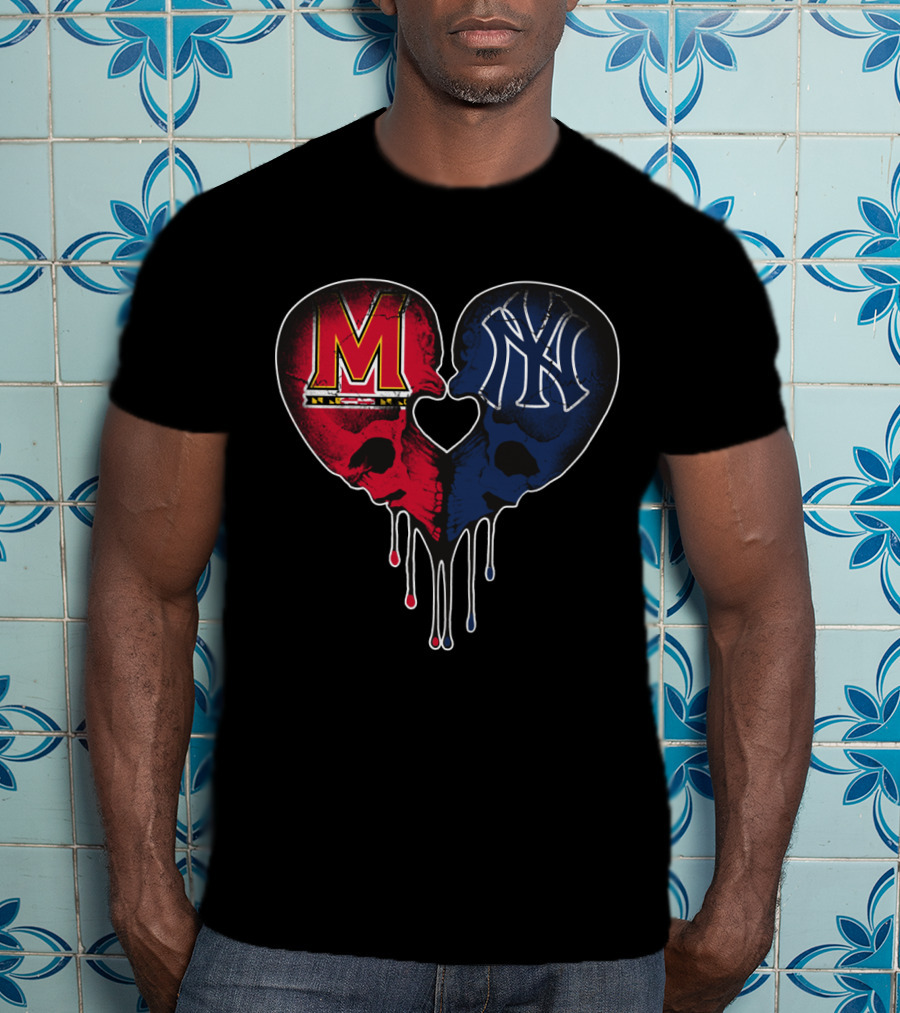 Maryland And Yankees Skull Heart Fusion T-Shirt